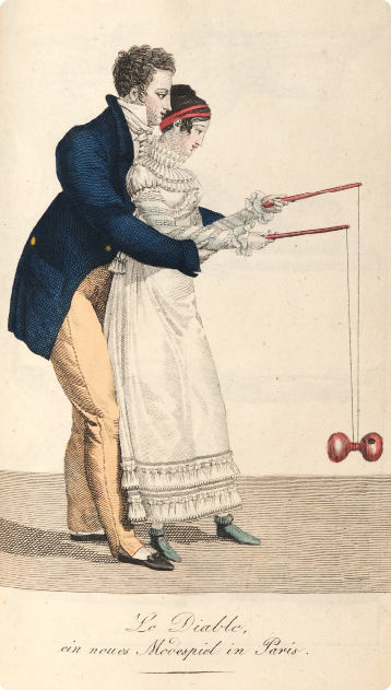 Illustration aus dem ‘Journal des Luxus und der Moden‘: Le Diable (Diabolo), Modespiel in Paris, Oktober 1812; Goethe-Museum Düsseldorf/Anton-und-Katharina-Kippenberg-Stiftung, Foto: Barbara Steingießer