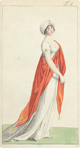 Illustration aus dem ‘Journal des Luxus und der Moden‘: Dame mit Mausselin-Turban und Kaschmir-Schal, Februar 1803; Goethe-Museum Düsseldorf/Anton-und-Katharina-Kippenberg-Stiftung, Foto: Barbara Steingießer