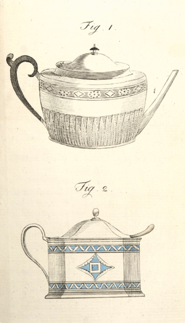 Illustration aus dem ‘Journal des Luxus und der Moden‘: Englisches Silberwerk: silberne Teekanne und silbernes Senfkännchen mit elfenbeinernem Löffel, September 1799; Goethe-Museum Düsseldorf/Anton-und-Katharina-Kippenberg-Stiftung, Foto: Barbara Steingießer
