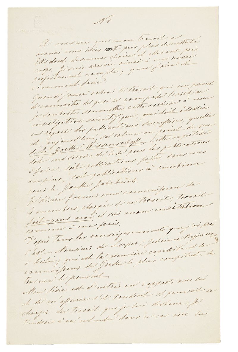 Sophie von Sachsen-Weimar-Eisenach: Die Aufgabenstellung des Goethe-Archivs, 5. Mai 1885, S. 1; © Klassik Stiftung Weimar, Goethe- und Schiller-Archiv