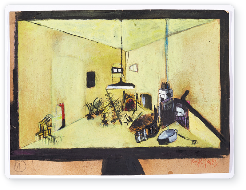 Gabriele Koerbl (Entwurfszeichnung zum Bühnenbild), Der zerbrochne Krug, Volksbühne Berlin, 1983, Foto: Tobias Tanzyna