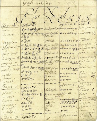 Das mehrsprachige Wörterbuch Englisch-Telugu -Tamil-Latein von Benjamin Schultze (1689-1760), ursprünglich zur Übersetzung des Alten und Neuen Testaments und zur Vorbereitung von Predigten in den Jahren 1728 bis 1732 angelegt, bildet ein hervorragendes Beispiel für die Herausbildung der vergleichenden Sprachwissenschaft, als einer deren Pioniere Schultze heute gilt, Franckesche Stiftungen zu Halle an der Saale