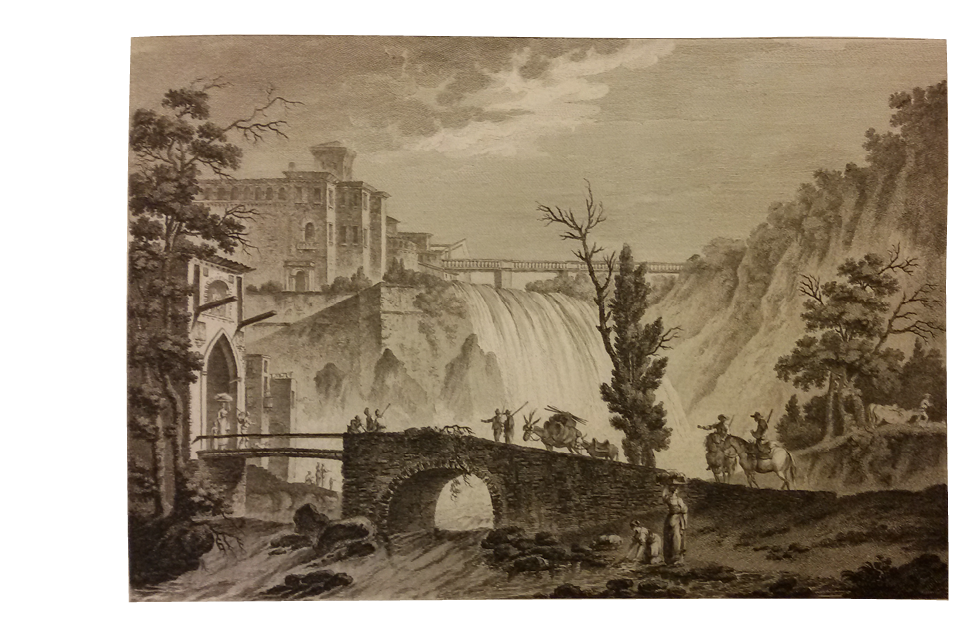 Pierre-Adrien Pâris, Die Wasserfälle in Isola di Sora, aus: Voyage pittoresque ou Description des Royaumes de Naples et de Sicile, Band 2, Paris 1782, Tafel 120, Museum Casa di Goethe