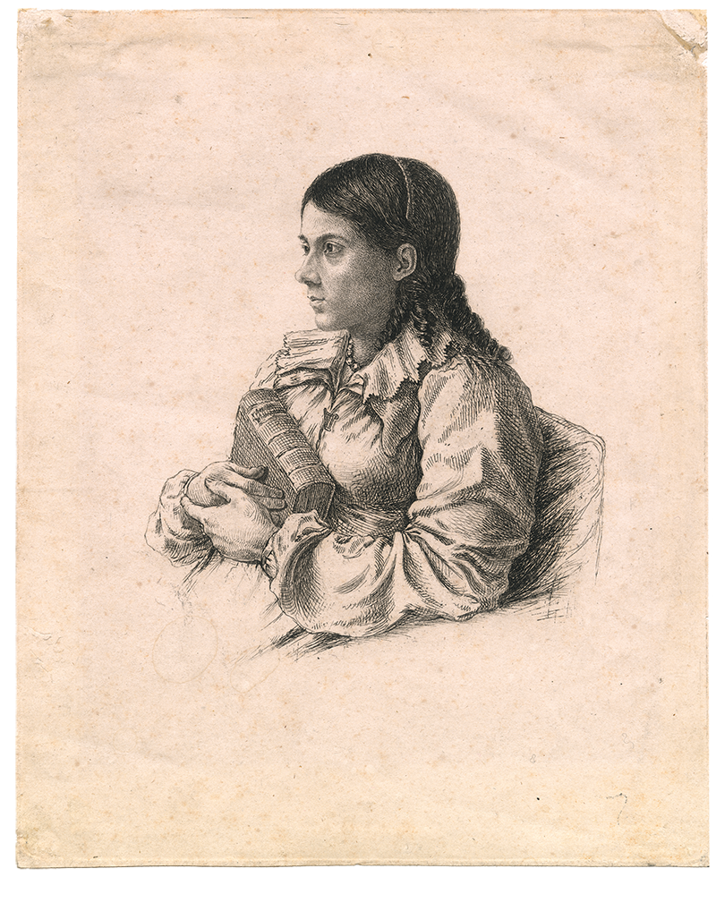 Bettine Brentano (1785 – 1859) mit Achim von Arnims Novellensammlung „Der Wintergarten“, Kaltnadelradierung von Ludwig Emil Grimm (1790–1863), München, 1809, Goethe-Museum Düsseldorf