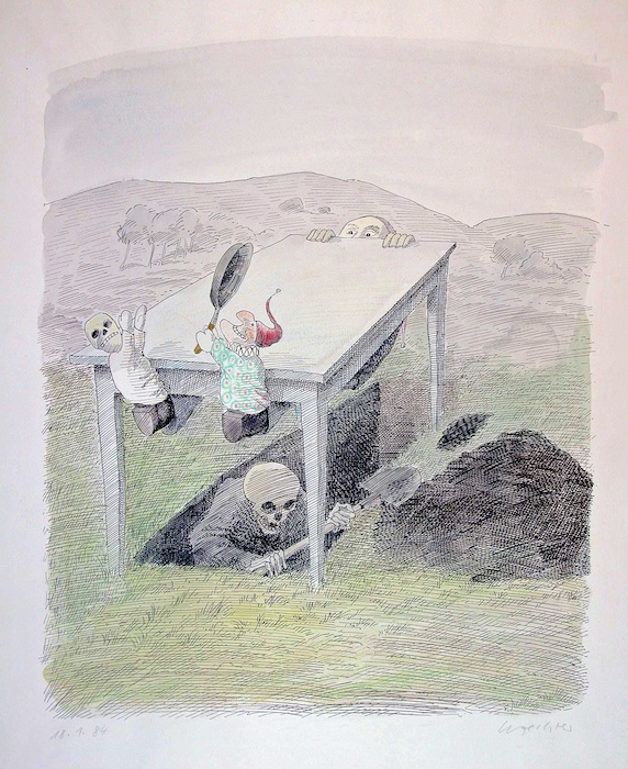 F. K. Waechter, Das Leben, 1984, Tusche/Feder, Aquarell, farbige Kreiden, Foto: Wilhelm Busch – Deutsches Museum für Karikatur und Zeichenkunst, Hannover