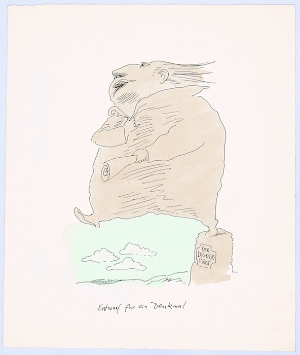   F. K. Waechter, Entwurf für ein Denkmal,  o.J., Tusche/Feder, Aquarell, Foto: Wilhelm Busch – Deutsches Museum für Karikatur und Zeichenkunst, Hannover