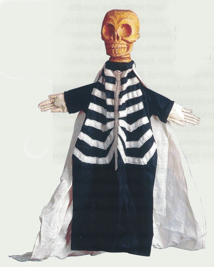 Handspielfigur Tod, Kopf: Holz, geschnitzt, bemalt, Hülle: Textil Hersteller unbekannt, Erste Hälfte 20. Jh. Deutsches Spielzeugmuseum Sonneberg