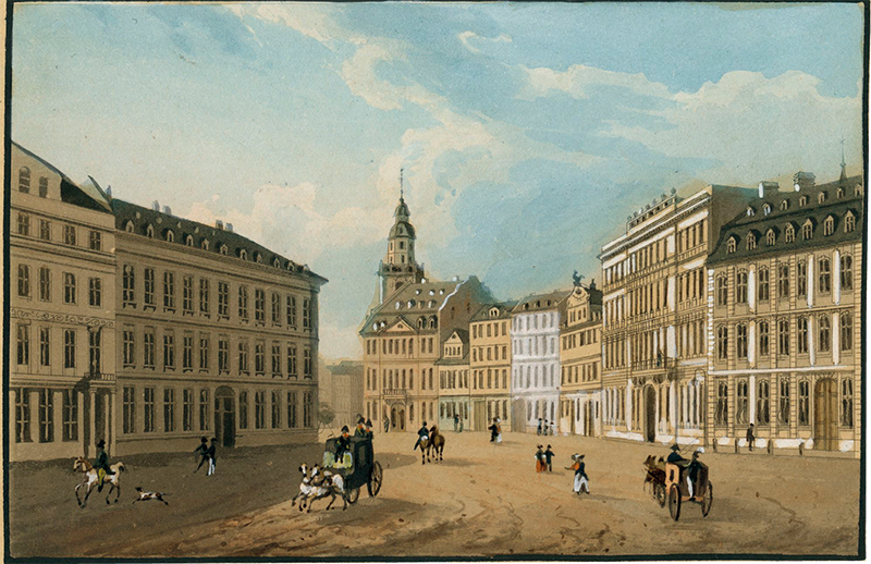 Frédéric Martens nach Friedrich Joseph Ehemant: Der Rossmarkt in Frankfurt am Main, verlegt bei C. Jügel, ca. 1840 Aquatinta, koloriert © Freies Deutsches Hochstift / Frankfurter Goethe-Museen