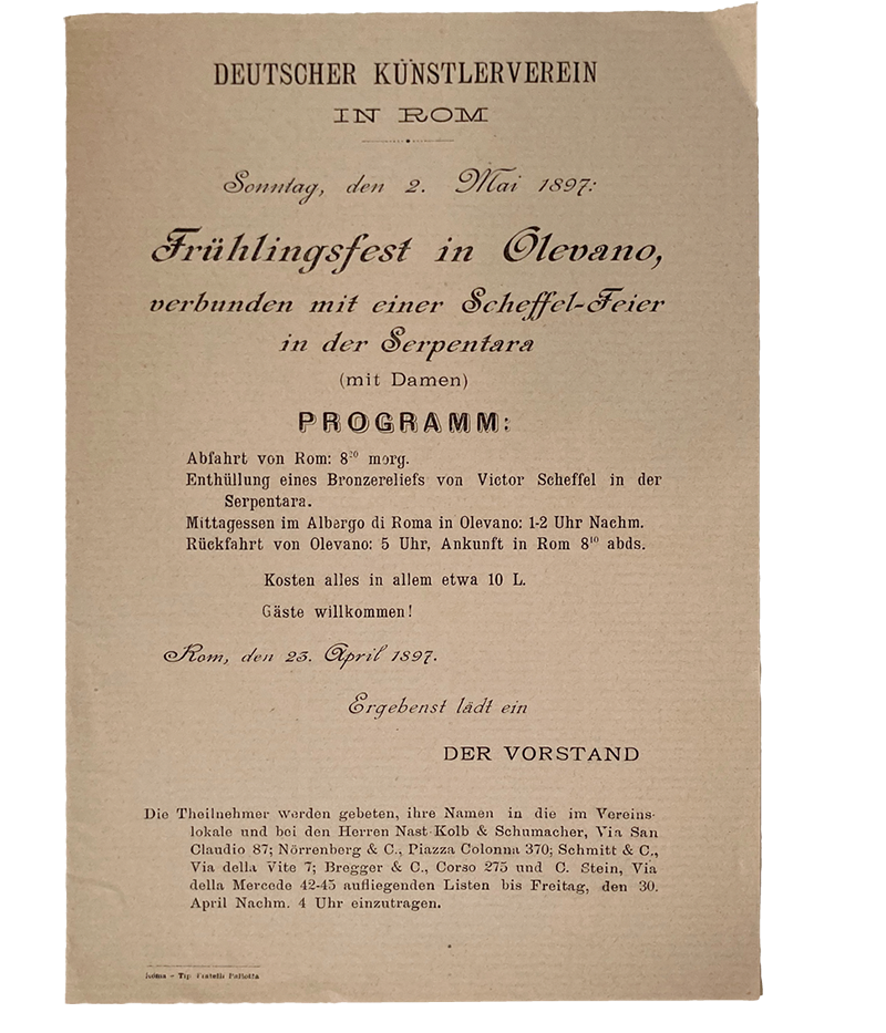 Einladungskarte "Frühlingsfest in Olevano", 2. Mai 1897. Einladungskarte des Deutschen Künstlervereins in Rom, Bildnachweis: Archiv der Casa di Goethe, Rom, Künstlerverein 16/1