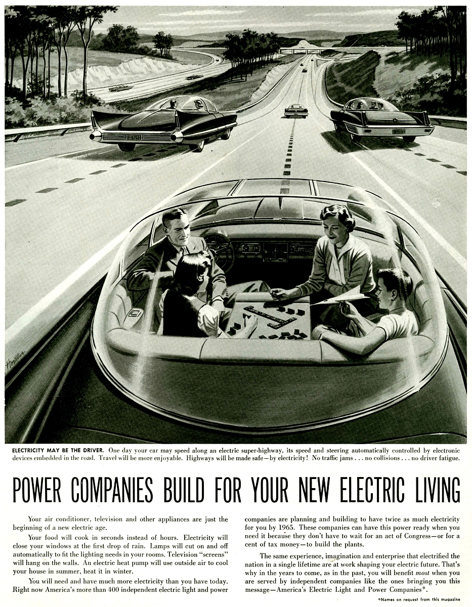 Electricity may be the Driver, America’s Independent Electric Light and Power Companies, 1957, Werbeanzeige Die Kleinfamilie im fahrenden Wohnzimmer: Die Bilderwelten der 1950er-Jahre verknüpften futuristische Entwürfe autonomen Fahrens häufig mit dem vorherrschenden bürgerlichen Geschlechterideal, Foto: Courtesy of The Advertising Archives