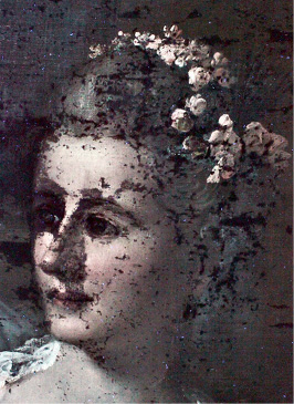 Johann Heinrich Tischbein d. Ä., Friederike Elisabeth und Wilhelmine Oeser, 1776, Öl auf Leinwand, 67,6 x 84,4 cm, Detail, uV-Aufnahme. Die dunklen Flecken markieren alte Retuschen und Übermalungen über Fehlstellen in der Malschicht, © Maike Behrens