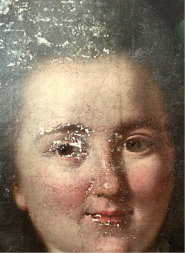 Johann Heinrich Tischbein d. Ä., Friederike Elisabeth und Wilhelmine Oeser, 1776, Öl auf Leinwand, 67,6 x 84,4 cm, Detail: Neue Kittungen im leimgebundenen Kreidegrund in zahlreichen winzigen Fehlstellen, © Maike Behrens