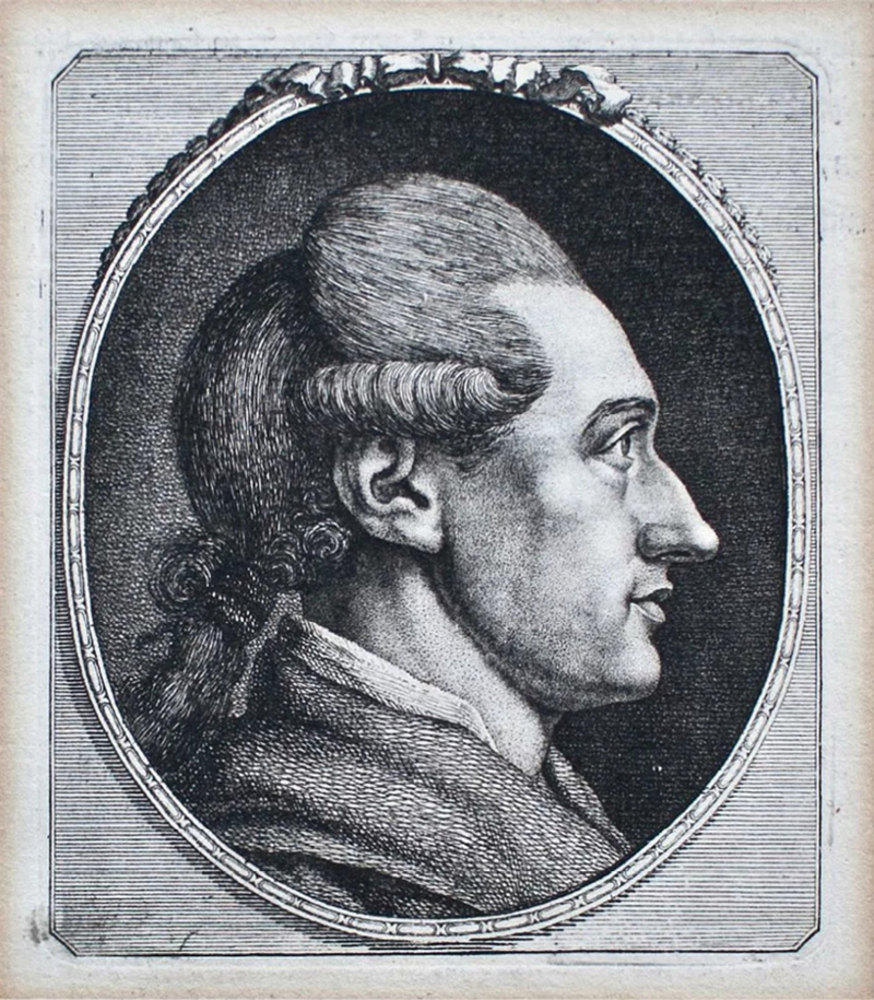 Johann Wolfgang Goethe. Porträtstich nach einer Zeichnung von Georg Friedrich Schmoll (Bad Ems, 16. Juli 1774), gedruckt in Johann Caspar Lavaters ‚Physiognomischen Fragmenten‘, Band 3 (1777); Copyright: Johannes Saltzwedel