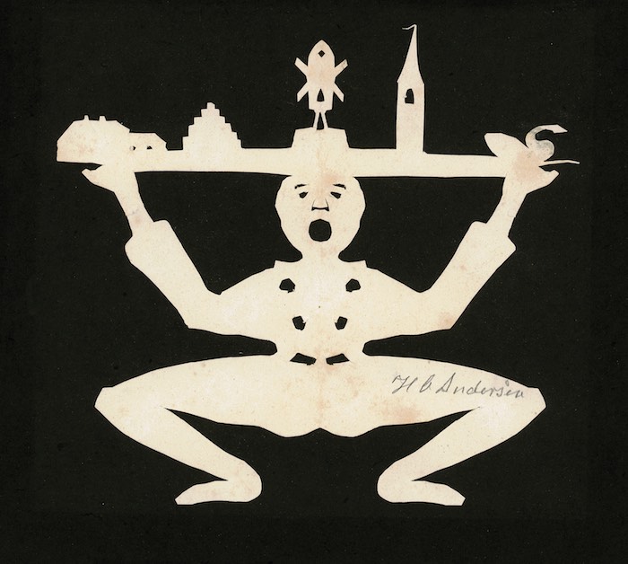 Hans Christian Andersen, Mann mit Tablett auf dem Kopf, darauf Gebäude und Schwan, o. J., Scherenschnitt, Foto: Odense City Museums