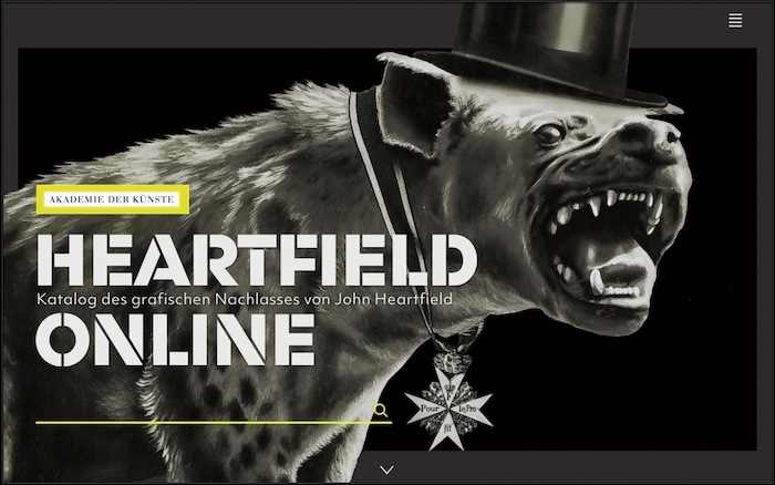 Startseite von ‘Heartfeld Online‘ mit der Fotomontage von John Heartfeld, ‘Krieg und Leichen – Die letzte Hoffnung der Reichen‘, 1932, Foto: John Heartfeld, Originalmontage für den Gedichtband ‘Und sie bewegt sich doch! Freie Deutsche Dichtung‘, London 1943, Foto: Akademie der Künste Berlin © The Heartfield Community of Heirs / VG Bild-Kunst, Bonn; Kunstsammlung der Akademie der Künste - Webdesign von Heimann + Schwantes, Berlin
