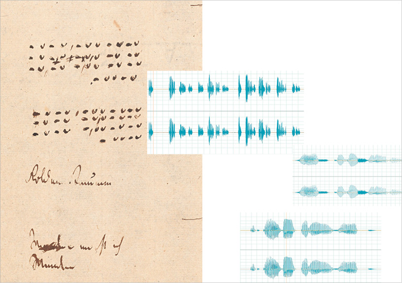 Hölderlins Notation einer sapphischen Odenform im ‚Stuttgarter Foliobuch‘ und seine ‚Hälfte des Lebens‘ – gesprochen und mit dem Oszilloskop aufgezeichnet ()., © Württembergische Landesbibliothek; Abb. aus dem Marbacher Halbjahresprogramm 1/2020