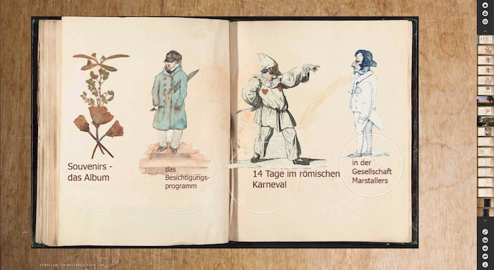 Sceenshot aus dem mit Pageﬂow erstellten Beitrag des Freien Deutschen Hochstifts ‘Das Album der Maxe von Arnim. Souvenirs aus Rom‘, Frankfurter Goethe-Haus – Freies Deutsches Hochstift, Frankfurt am Main‘