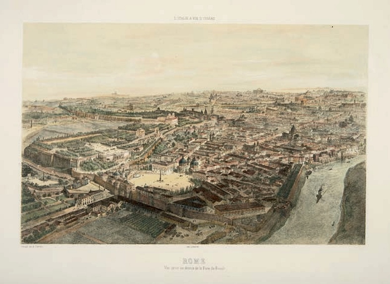 Louis Jules Arnout nach Alfred Guesdon, Blick auf die Piazza del Popolo und ihre Umgebung in Rom aus der Mongolfiere, um 1850, Kolorierte Lithografie, Foto: Museum Casa di Goethe, Rom