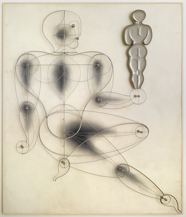 Oskar Schlemmer, ‘Homo mit Rückenfgur auf der Hand‘, 1930/31, Stahldraht und Nickelelemente auf weiß gespritzter, mit Leinen bezogener Holzplatte, © Döbele-Kunst-Mannheim (Edition 1968; Anton Steinlechner u. Siegfried Cremer)