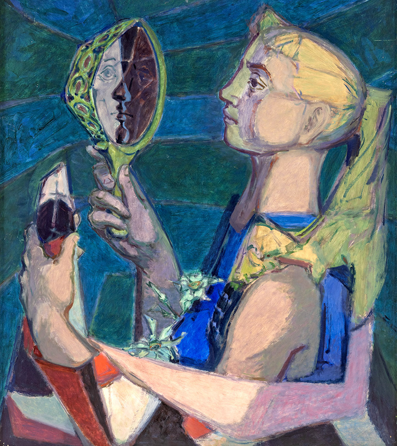 Erika Streit, Frau mit Spiegel und Narzissen, nach 1945 (?), Kunstforum Ostdeutsche Galerie Regensburg, © Erika Streit-Stiftung, Kirchberg ZH, Schweiz