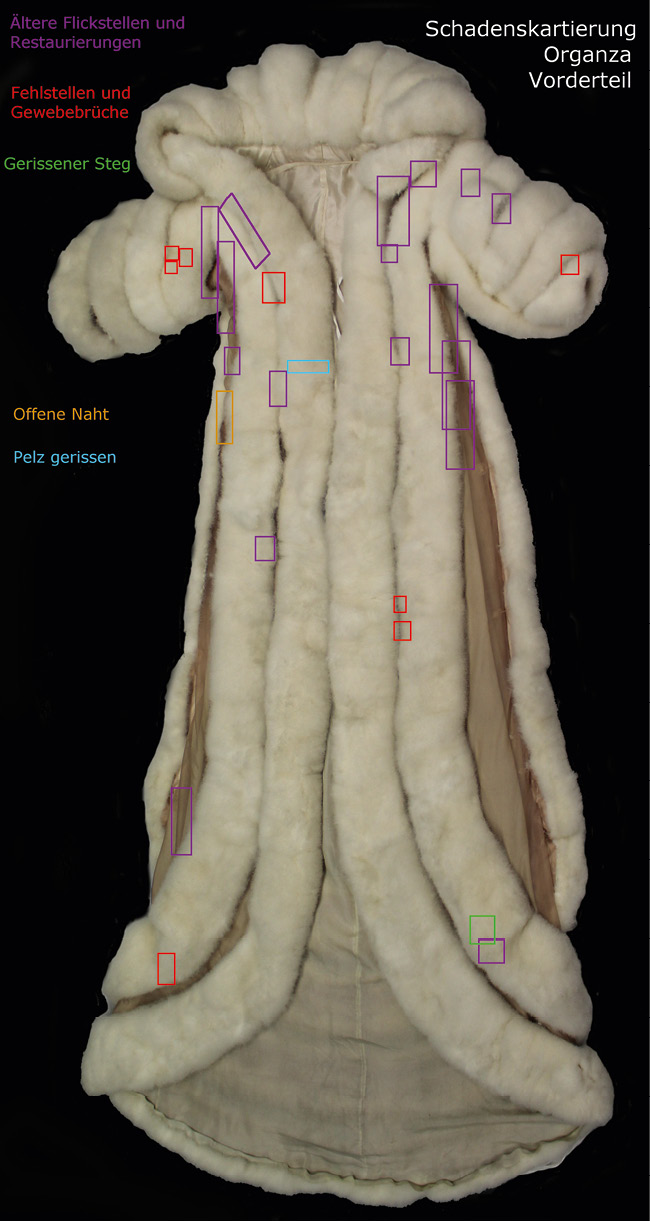 Schadenskartierung: Showmantel aus Schwanenpelz, Jean Louis, 1957