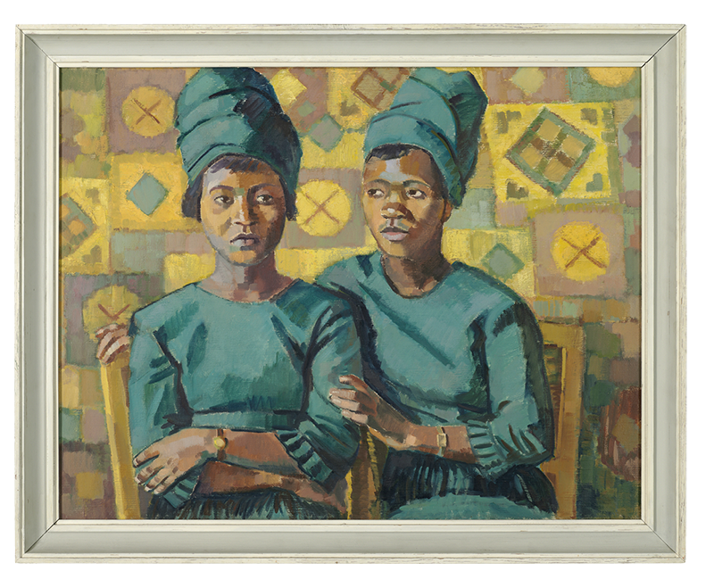 Eva Schulze-Knabe (1907–1976), Afrikani- sche Freundinnen, 1966, Mischtechnik auf Mischgewebe; Nachweis: Kunstfonds, Staatliche Kunstsammlungen Dresden © Nachlass Eva Schulze-Knabe, Foto: SKD, Herbert Boswank