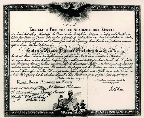Urkunde der Königlich Preussischen Academie der Künste von Eduard Steinbrück, 1841; Foto: Archiv der Akademie der Künste, Berlin